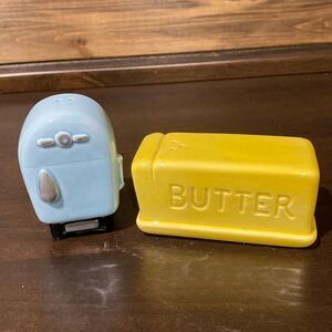 Vintage Hand painted Fridge & Butter Dish Salt & Pepper Shakers